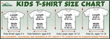 Kids t-shirt size chart with dimensions and age ranges on a green background