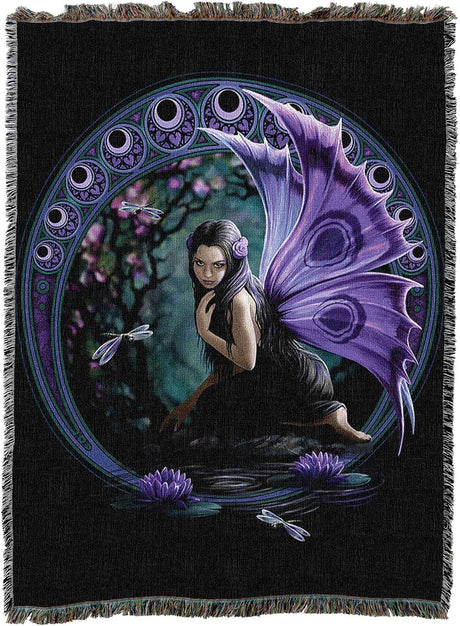 Tapestry blanket by Anne Stokes, fairy with purple butterfly wings by pond with dragonflies, Gothic circle around her and water lilies
