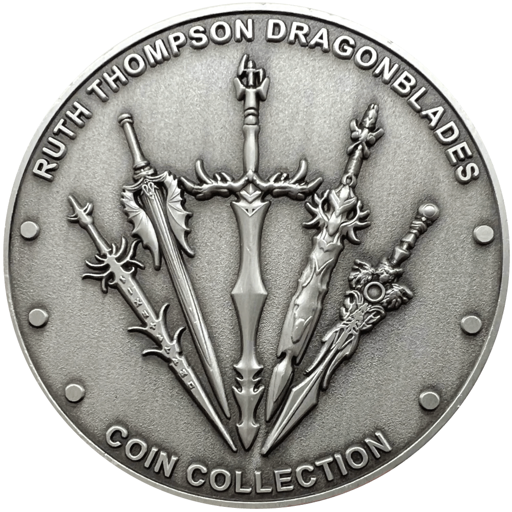 Back of Nightblade coin showing swords and "Ruth Thompson Dragonblades Coin Collection"