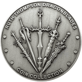 Back of Nightblade coin showing swords and "Ruth Thompson Dragonblades Coin Collection"