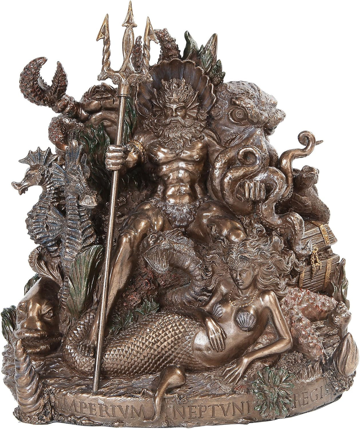 A detailed bronze-finished sculpture of Neptune seated with a mermaid, surrounded by sea creatures, a trident, coral, and a treasure chest