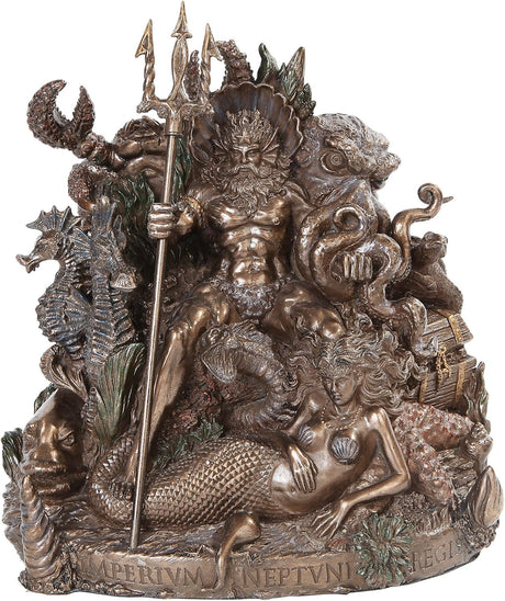 A detailed bronze-finished sculpture of Neptune seated with a mermaid, surrounded by sea creatures, a trident, coral, and a treasure chest