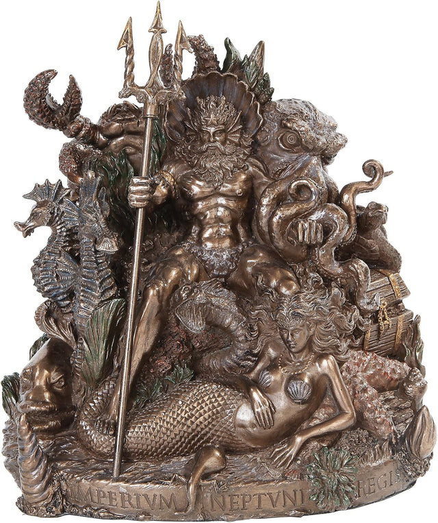 A detailed bronze-finished sculpture of Neptune seated with a mermaid, surrounded by sea creatures, a trident, coral, and a treasure chest