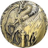 Netherblade gold hued coin by Ruth Thompson with a dragon and sword