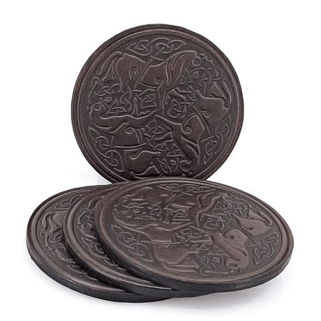 Celtic horse leather coasters in dark chocolate brown color