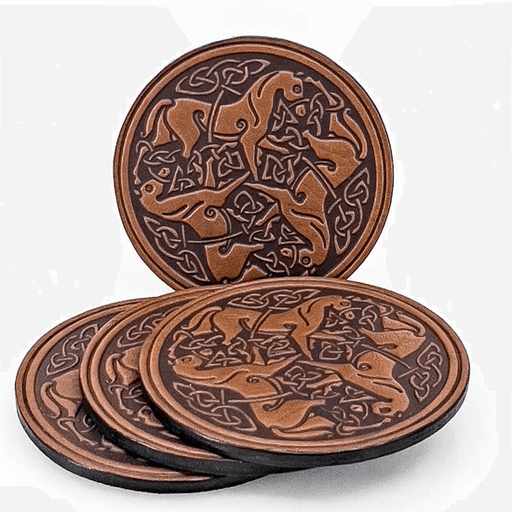 Celtic Horse leather coasters in saddle light brown color