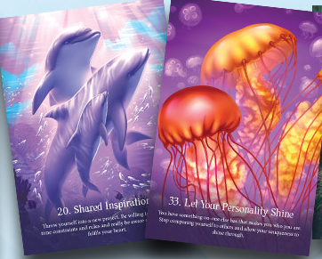 Oracle deck - Whispers of the Ocean featuring sea creatures - two card examples