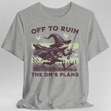 Gray T-shirt with a graphic of a frog in a wizard hat holding a sword, text 'Off to ruin the DM's plans'