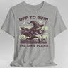 Gray T-shirt with a graphic of a frog in a wizard hat holding a sword, text 'Off to ruin the DM's plans'