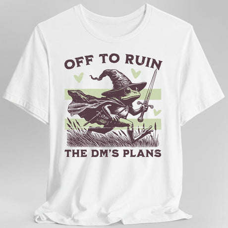 White T-shirt with a graphic of a frog in a wizard hat holding a sword, text 'Off to ruin the DM's plans'