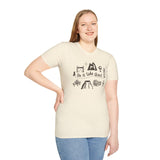 Woman wearing off white t-shirt with adventuring graphics and the phrase "On A Side Quest"