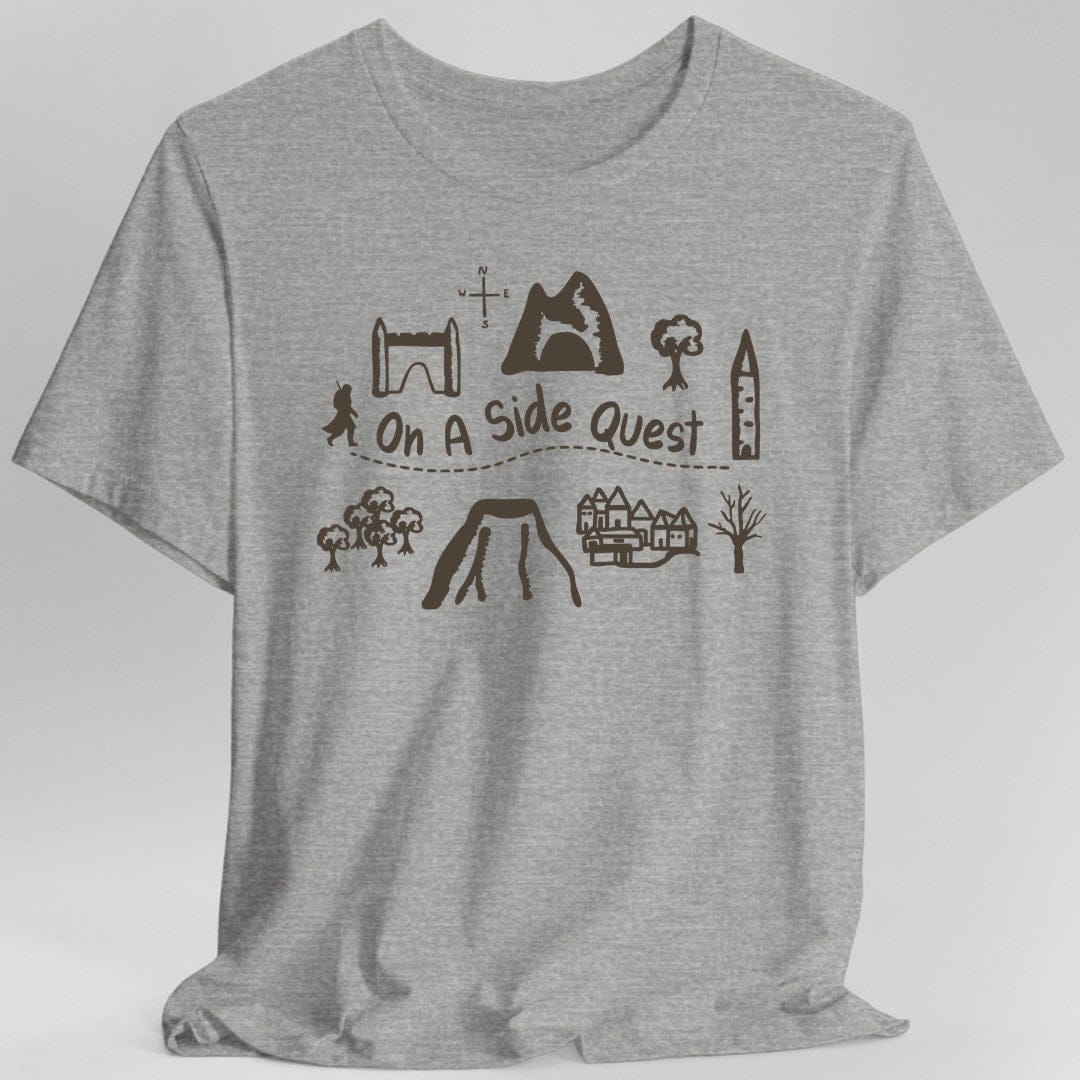 Gray t-shirt with adventuring graphics and the phrase "On A Side Quest"