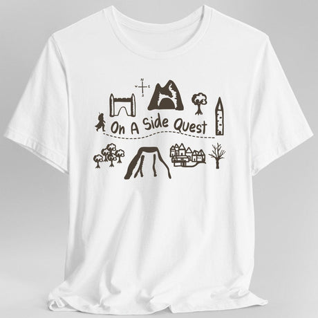 White t-shirt with adventuring graphics and the phrase "On A Side Quest"