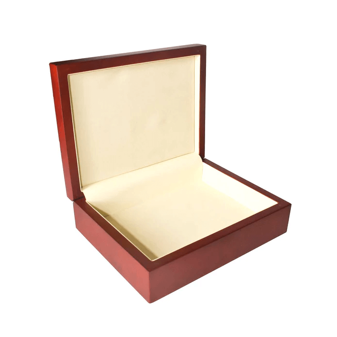 Inside of mahogany box with white velvet lining