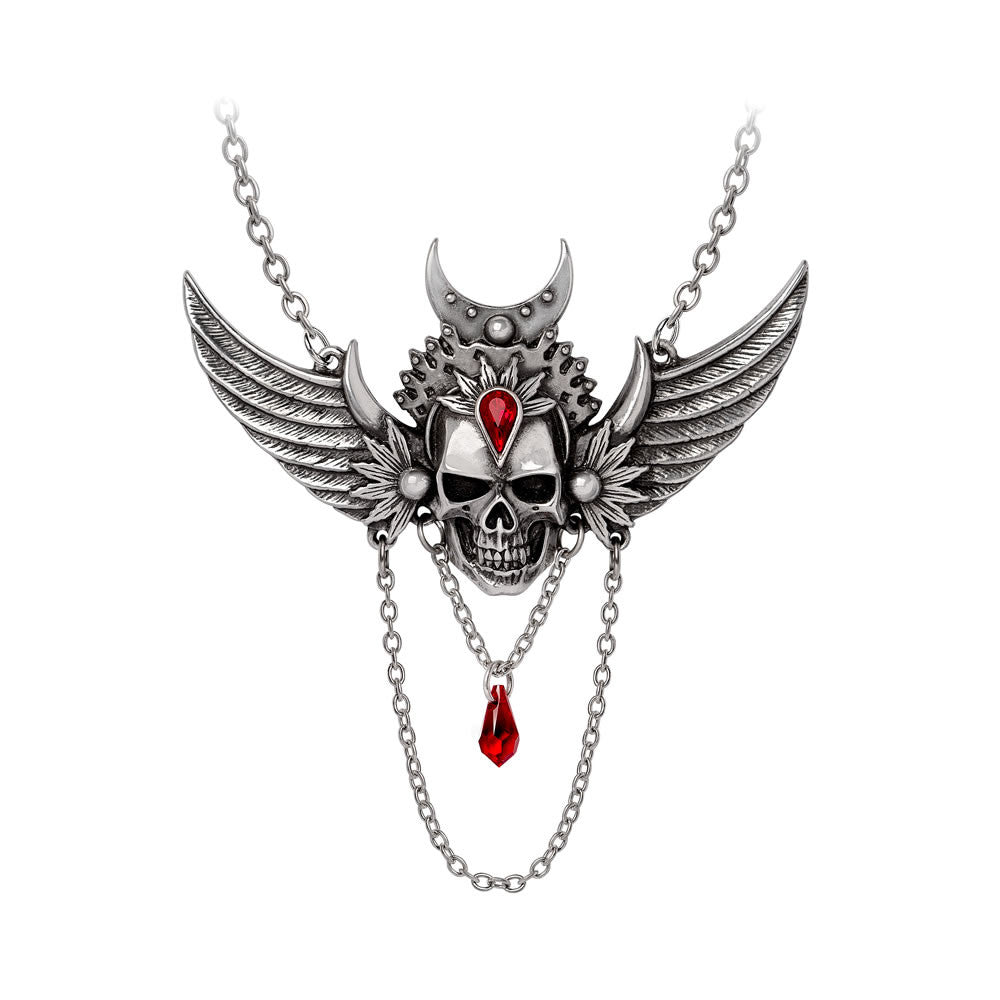 Gothic-style necklace with skull and wings design on a white background