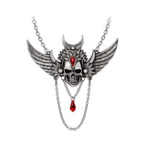 Gothic-style necklace with skull and wings design on a white background