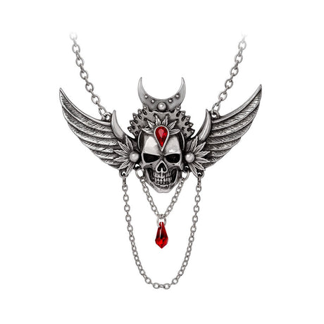 Gothic-style necklace with skull and wings design on a white background