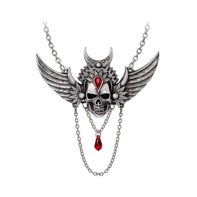Gothic-style necklace with skull and wings design on a white background