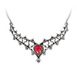 Necklace with a heart-shaped red gem and intricate pewter design on a white background