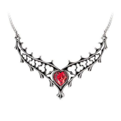 Necklace with a heart-shaped red gem and intricate pewter design on a white background