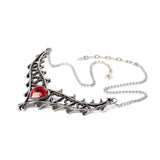 Pewter gothic necklace with a red heart pendant on a white background