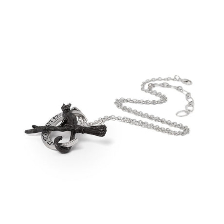 Necklace with a unique  cat, broom, moon pendant on a white background