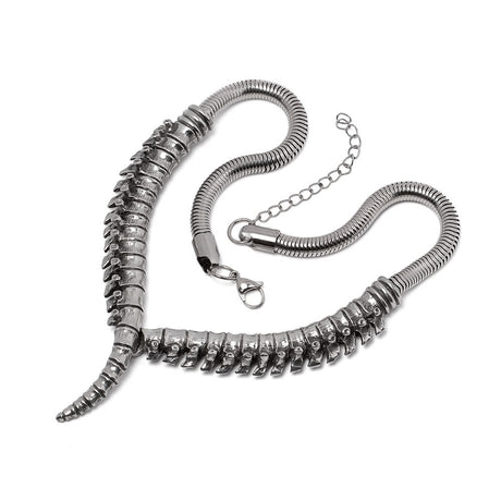 Pewter necklace featuring a human spinal column design