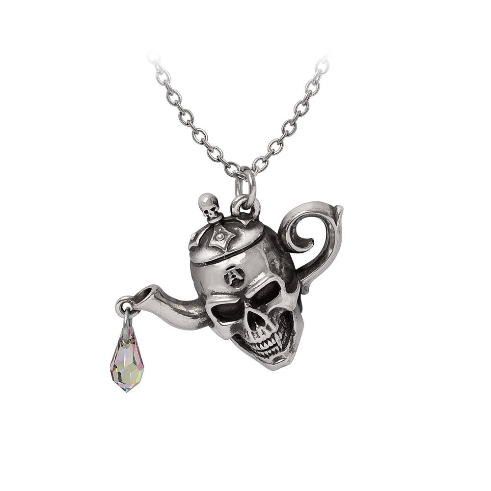 Pewter skull teapot with crystal drip pendant necklace