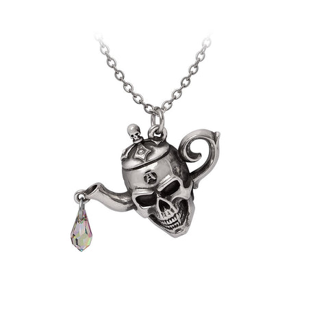 Pewter skull teapot with crystal drip pendant necklace