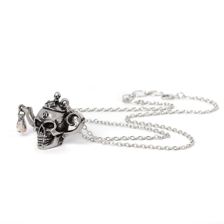 Pewter skull teapot with crystal drip pendant necklace