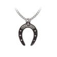 Horseshoe-shaped pendant with 'Mala Fortuna' text and a small skull at the top
