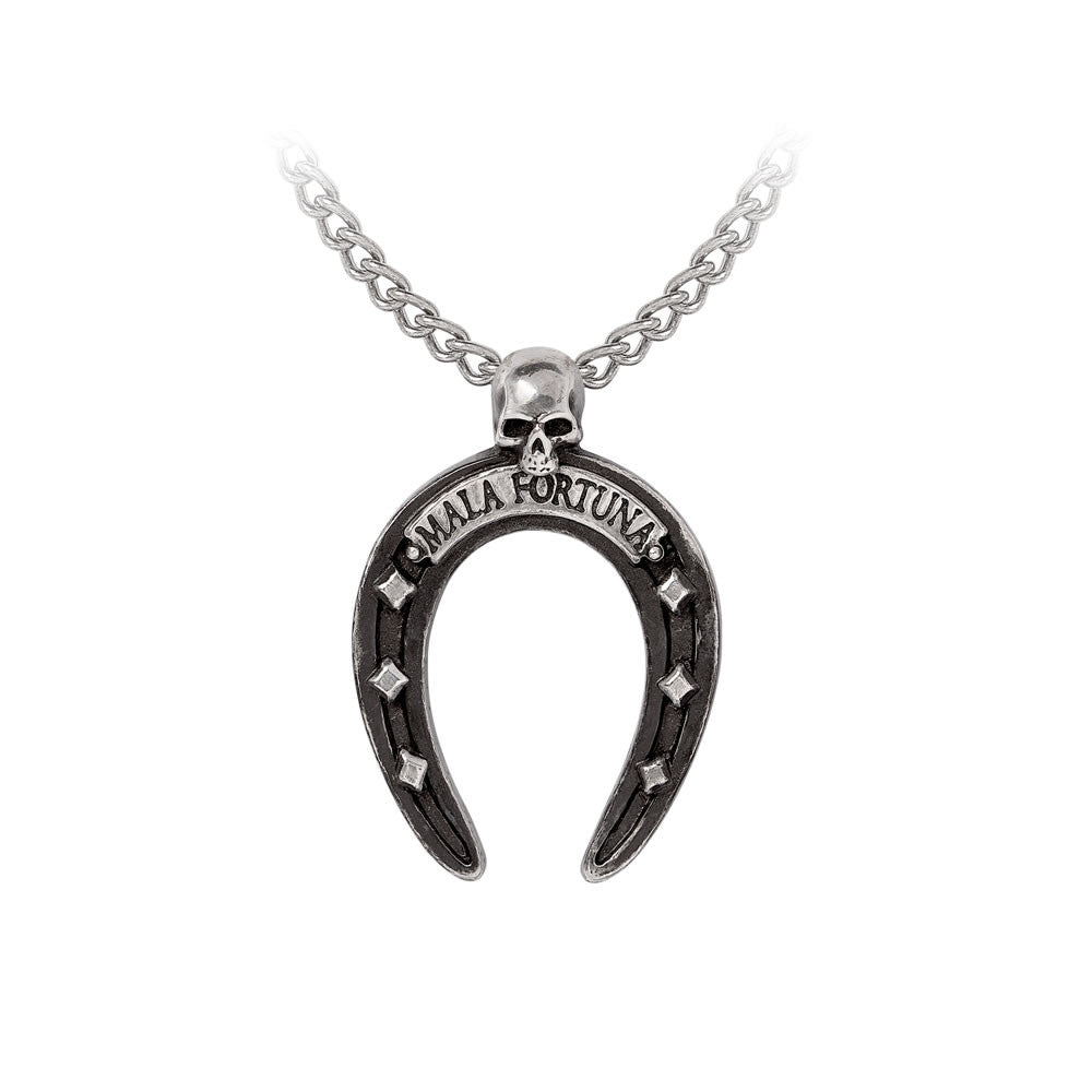 Horseshoe-shaped pendant with 'Mala Fortuna' text and a small skull at the top