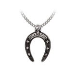 Horseshoe-shaped pendant with 'Mala Fortuna' text and a small skull at the top