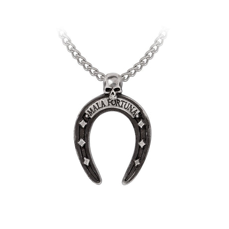 Horseshoe-shaped pendant with 'Mala Fortuna' text and a small skull at the top