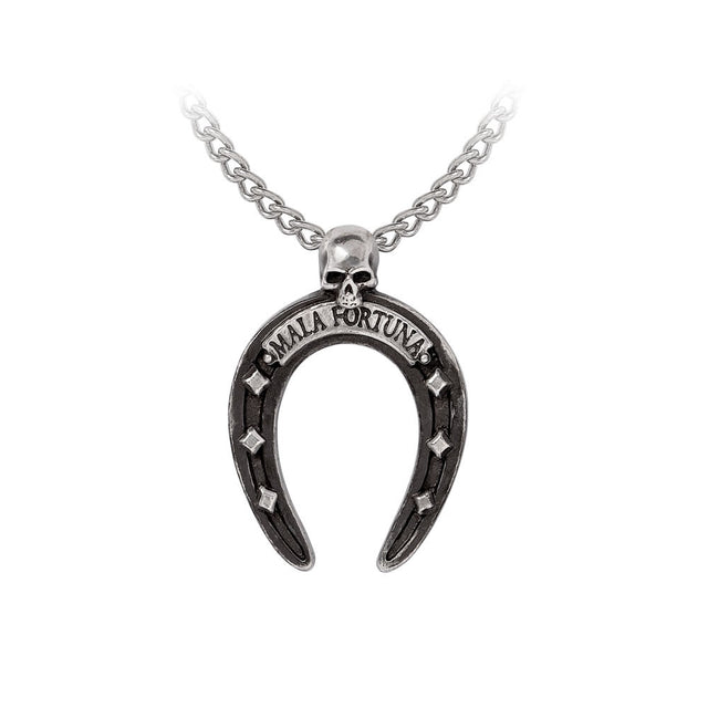 Horseshoe-shaped pendant with 'Mala Fortuna' text and a small skull at the top