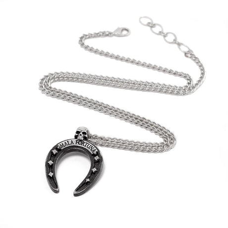 Horseshoe-shaped pendant with 'Mala Fortuna' text and a small skull at the top, on a silver-hued chain