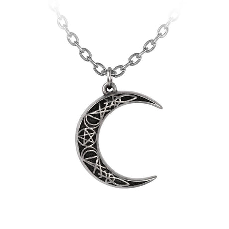 Crescent moon pewter necklace with magickal symbols