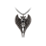 Necklace pendant with angel wings and symbol at the center with black hematite cabachon