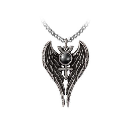 Necklace pendant with angel wings and symbol at the center with black hematite cabachon