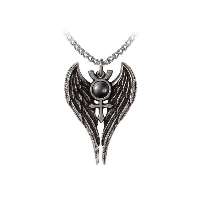 Necklace pendant with angel wings and symbol at the center with black hematite cabachon