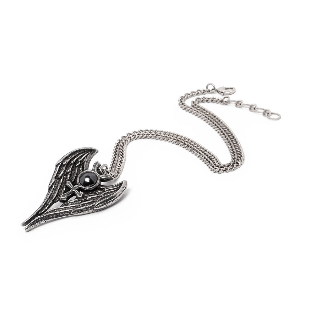 Necklace pendant with angel wings and symbol at the center with black hematite cabochon