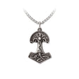 Pewter Thor hammer /Tree of Life pendant on a chain against a white background