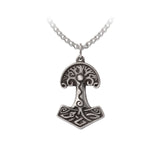 Pewter Thor hammer /Tree of Life pendant on a chain against a white background