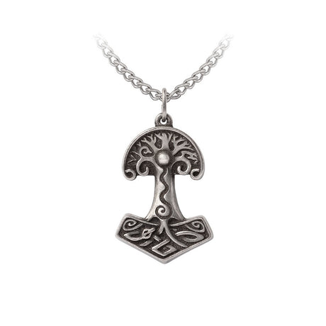 Pewter Thor hammer /Tree of Life pendant on a chain against a white background