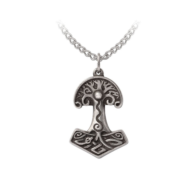 Pewter Thor hammer /Tree of Life pendant on a chain against a white background
