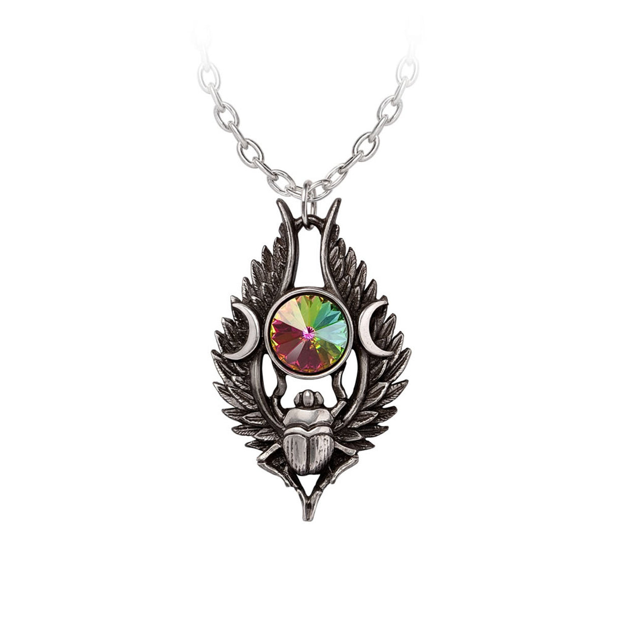 Necklace with a multicolored gemstone and pewter scarab on a white background