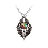 Necklace with a multicolored gemstone and pewter scarab on a white background