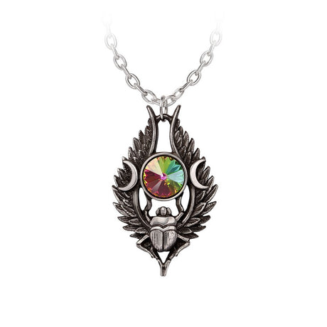 Necklace with a multicolored gemstone and pewter scarab on a white background
