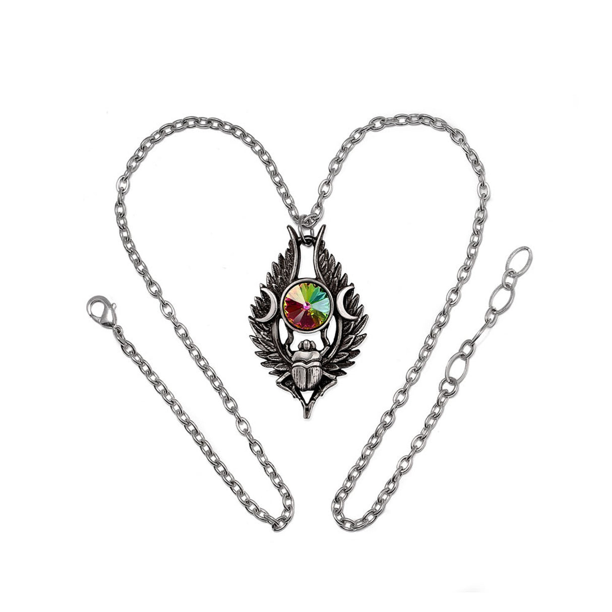Necklace with a multicolored gemstone and pewter scarab on a white background