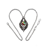 Necklace with a multicolored gemstone and pewter scarab on a white background